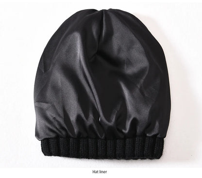 Winter Silk Satin Lined Beanie Hats Women Men Unisex Thick Chunky Cap