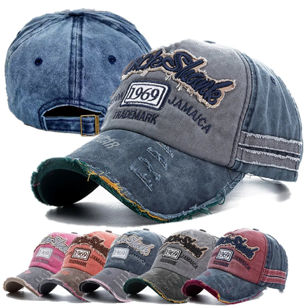 Unisex Washed Denim Baseball Cap For Men Women 1969 Letter Streetwear Cap