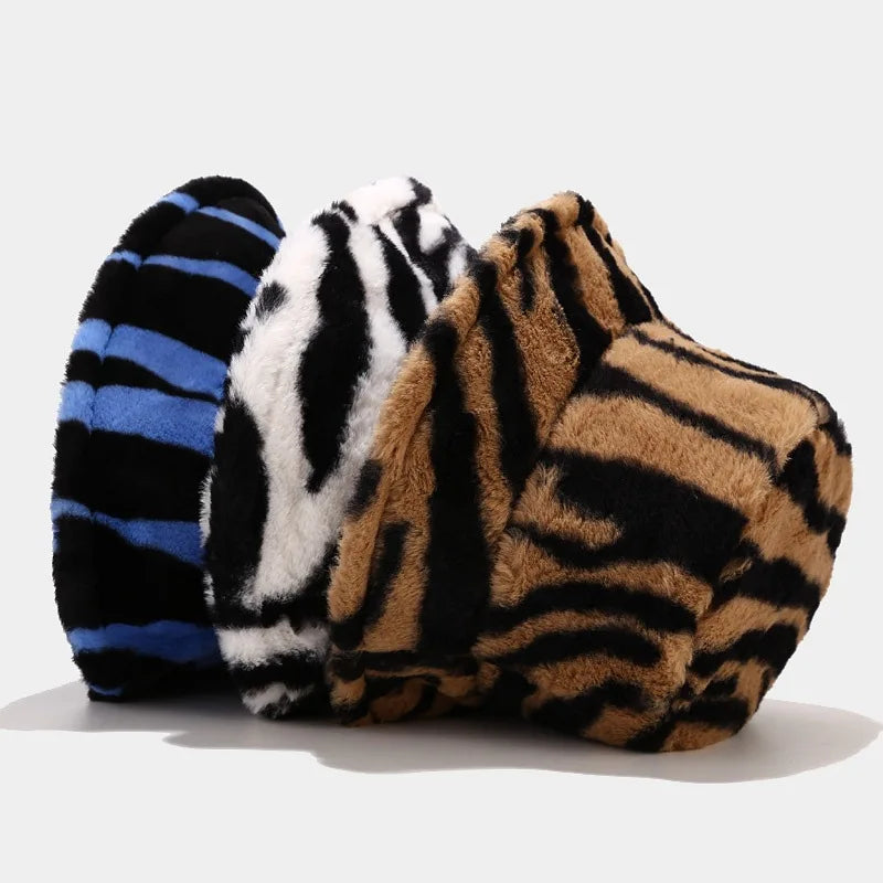 Winter Zebra Pattern Faux Fur Fluffy Bucket Hats Women