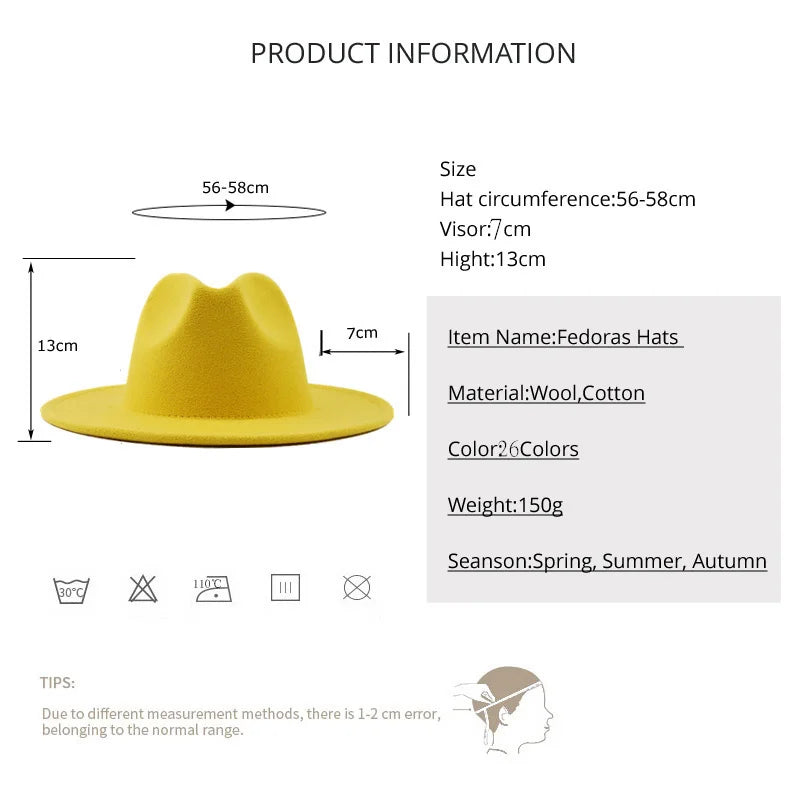 Simole Fedora Hats Women Men Wide Brim Thick Gold Chain Band Felted Hats
