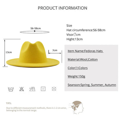 Simole Fedora Hats Women Men Wide Brim Thick Gold Chain Band Felted Hats
