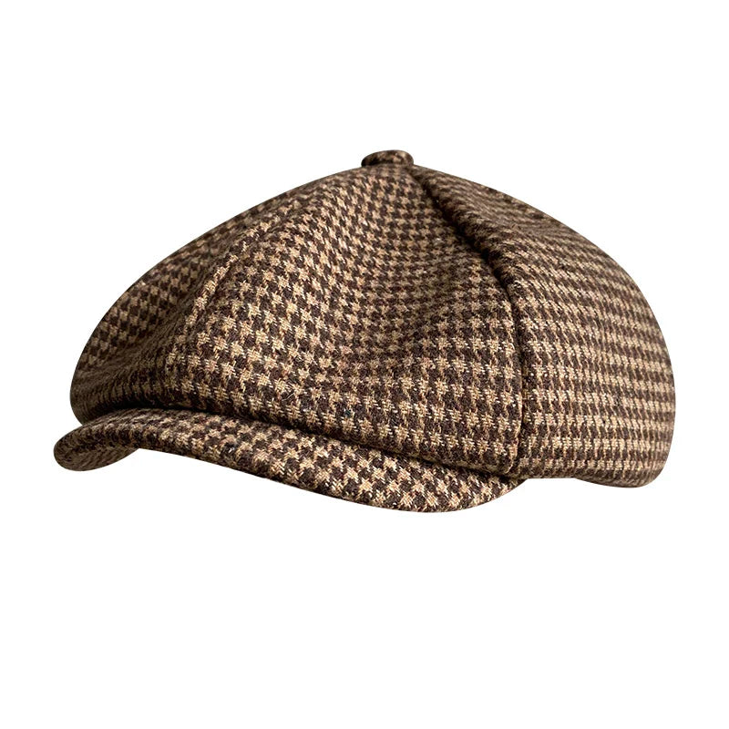 Retro Newsboy Cap Men Coffee Houndstooth Flat Caps