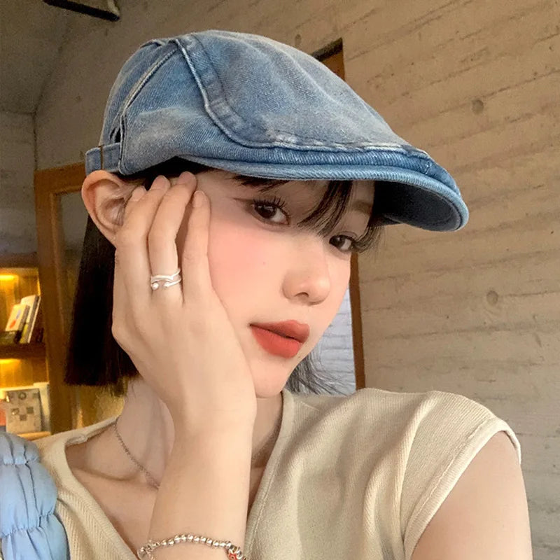 Retro Washed Denim Beret Medium Blue Breathable