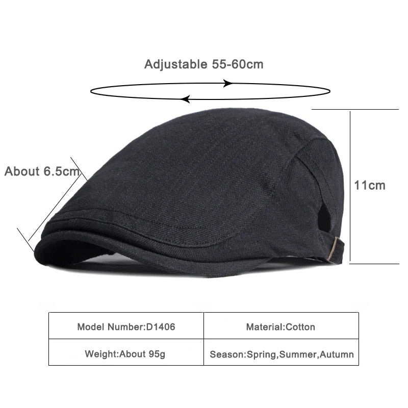 Spring Summer Beret Hat For Men Solid Black Gray Cotton Flat Cap