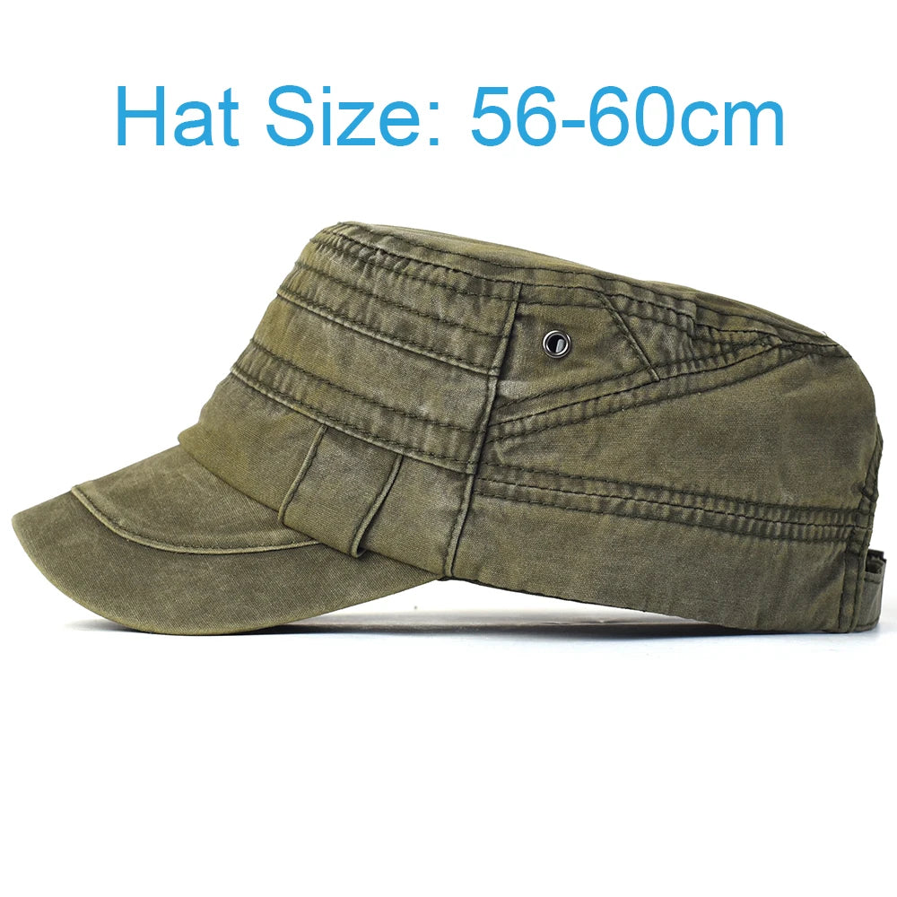 Casual Washed Cotton Flat Top Hat Military Caps Men Women Unique Design Vintage Four Seasons