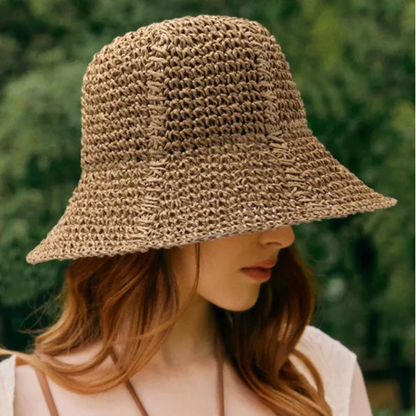 Women's Crochet Sunshade Small Brim Foldable Floppy Bucket Straw Hat
