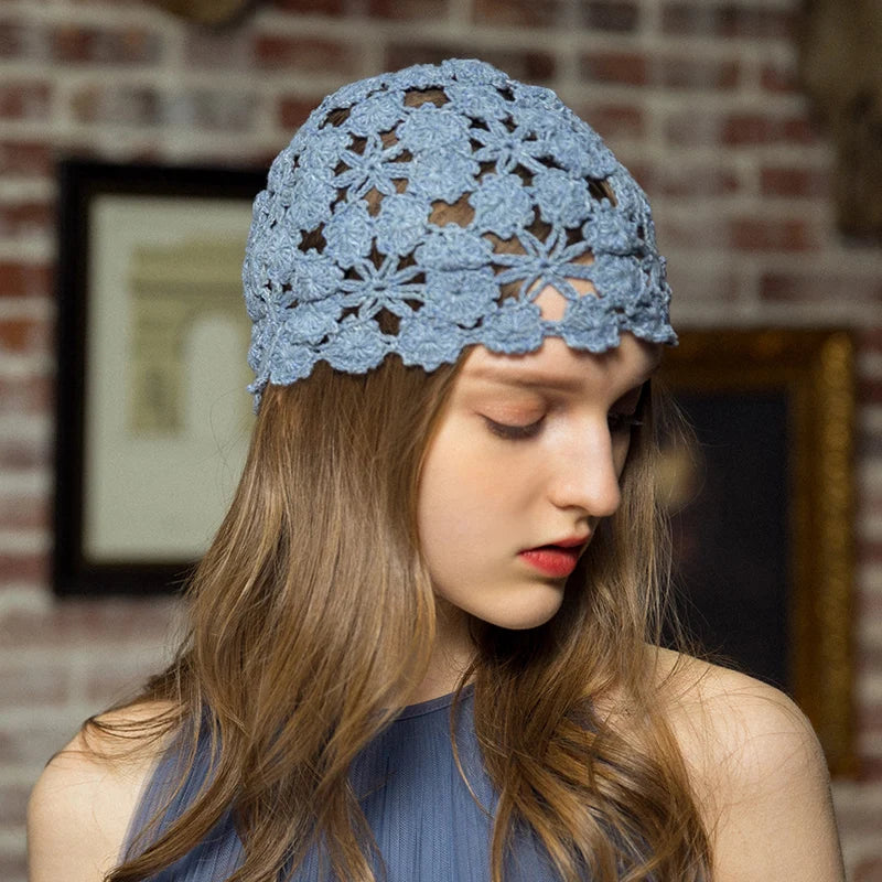 Hand Woven Beanie Hat Women Handmade Flower Hollowed Thin Skullies Cap