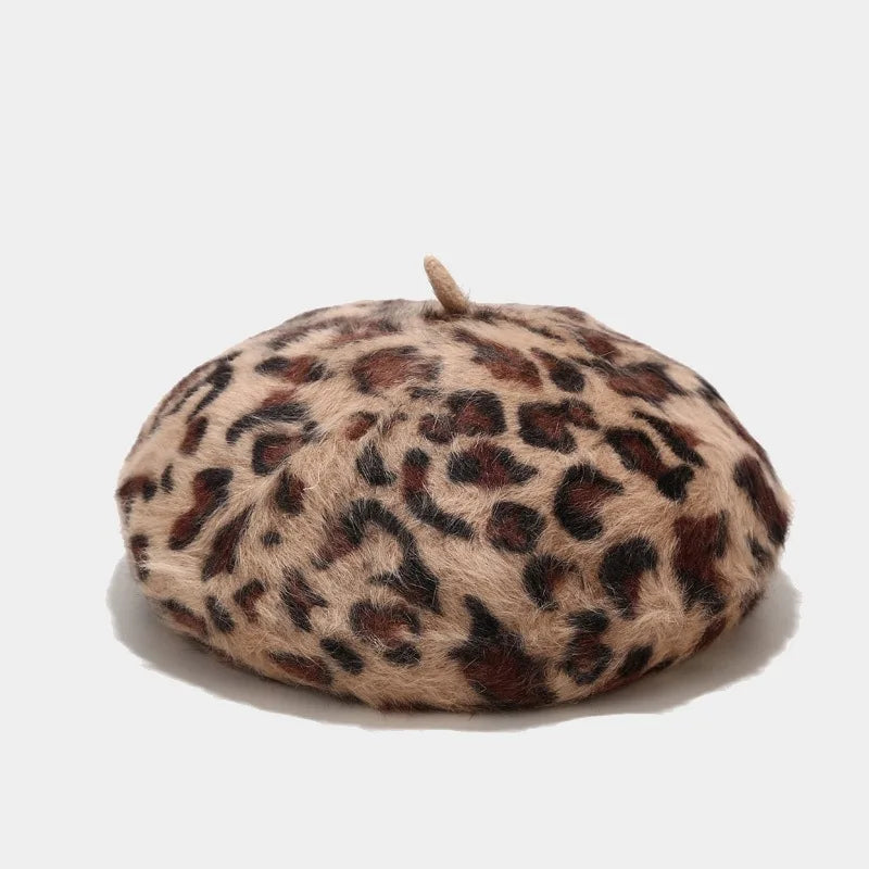 Autumn Winter Leopard Print Warm Rabbit Fur Octagonal Hats For Women