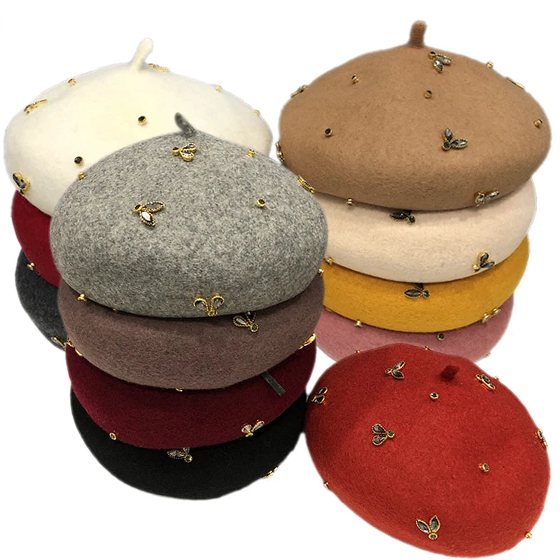 Winter Wool Beret With Crystal Bee Female Wool Cap