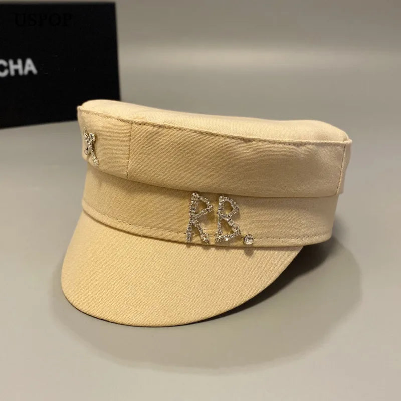 New Cotton And Linen Rhinestone Letter Newsboy Caps Women
