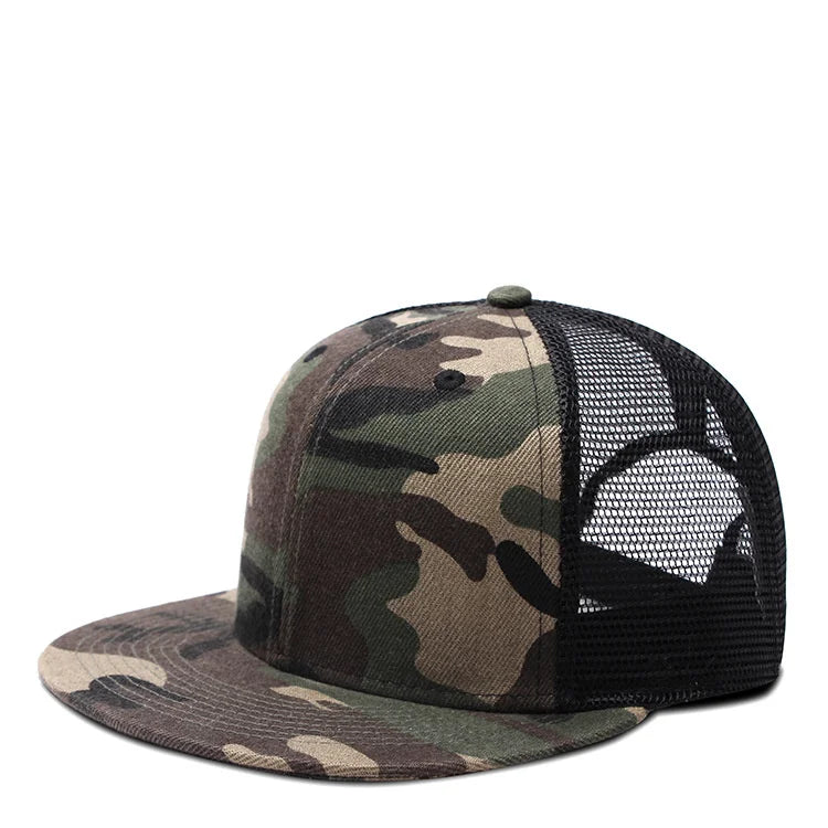 Adult Solid Color Flat Brim Mesh Snapback Cap