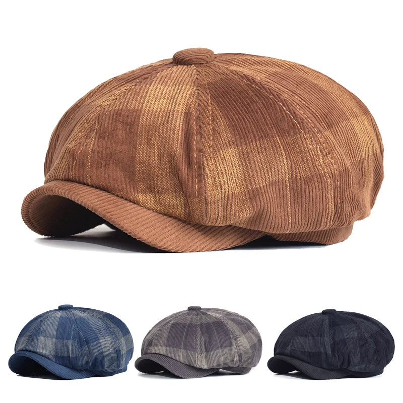 Autumn Winter Plaid Thick Newsboy Hat Corduroy Beret