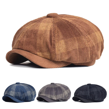 Autumn Winter Plaid Thick Newsboy Hat Corduroy Beret