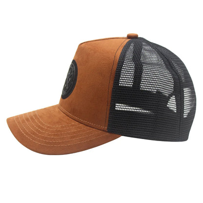 Mesh Back Curved Trucker Men And Women Baseball Cap 5-Panel Leather Patch