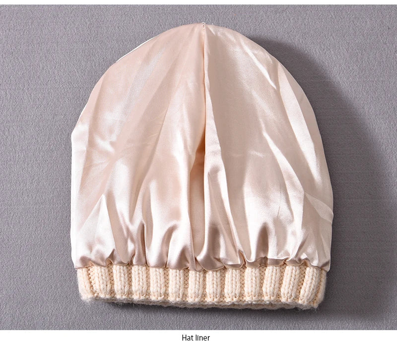 Winter Silk Satin Lined Beanie Hats Women Men Unisex Thick Chunky Cap