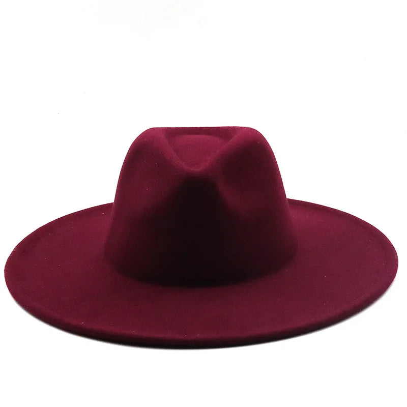 Men Women 9.5cm Flat Big Wide Brim Autumn Winter Wool Felt Fedora