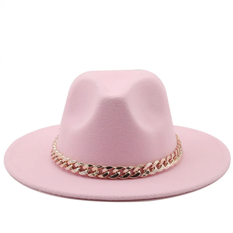 Simole Fedora Hats Women Men Wide Brim Thick Gold Chain Band Felted Hats
