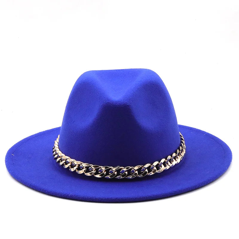 Simole Fedora Hats Women Men Wide Brim Thick Gold Chain Band Felted Hats
