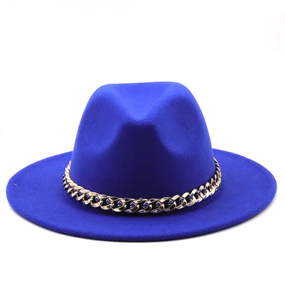 Simole Fedora Hats Women Men Wide Brim Thick Gold Chain Band Felted Hats