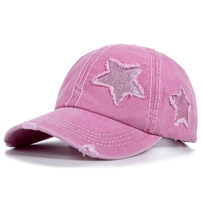 Fashion Women Ponytail Cap Sequins Fitve-Star Hole Design Baseball Cap Female