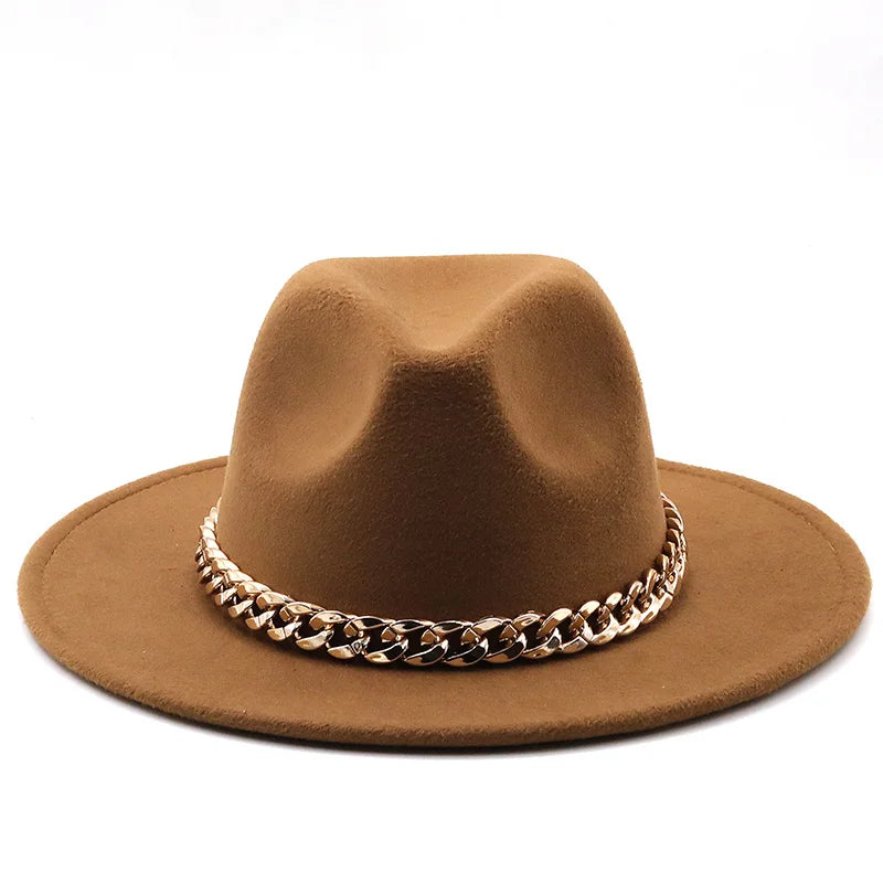 Simole Fedora Hats Women Men Wide Brim Thick Gold Chain Band Felted Hats