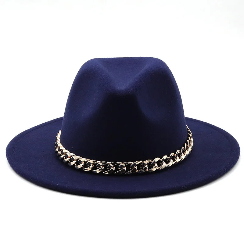 Simole Fedora Hats Women Men Wide Brim Thick Gold Chain Band Felted Hats