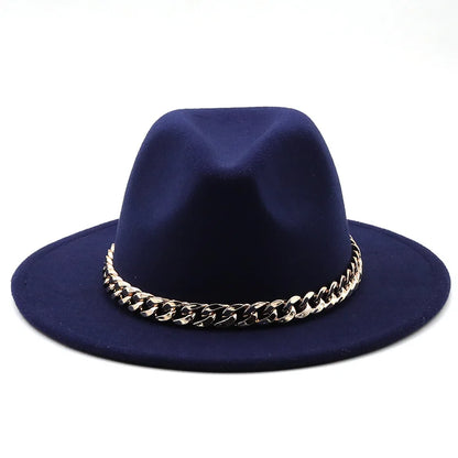Simole Fedora Hats Women Men Wide Brim Thick Gold Chain Band Felted Hats