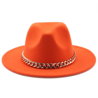 Simole Fedora Hats Women Men Wide Brim Thick Gold Chain Band Felted Hats