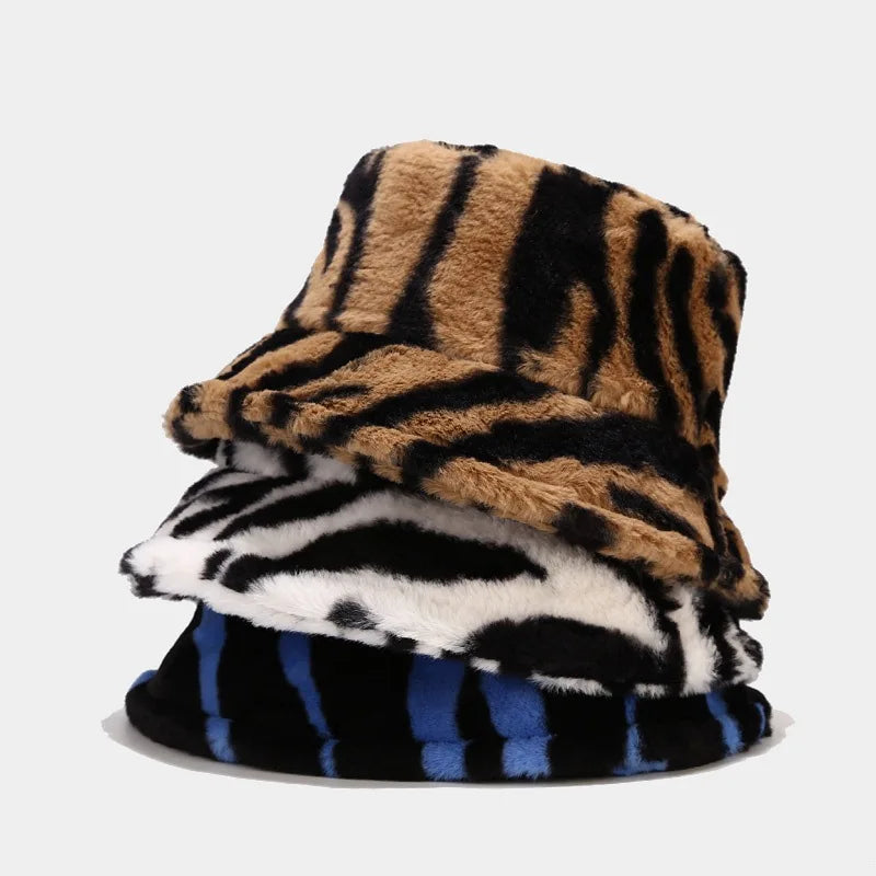 Winter Zebra Pattern Faux Fur Fluffy Bucket Hats Women