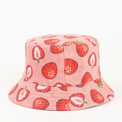 Cotton Strawberry Print Bucket Hat Fisherman Hat Outdoor Travel Hat