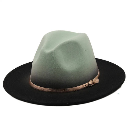 Women Patchwork Wide Brim Gradient Gold Belt Church Derby Top Hat