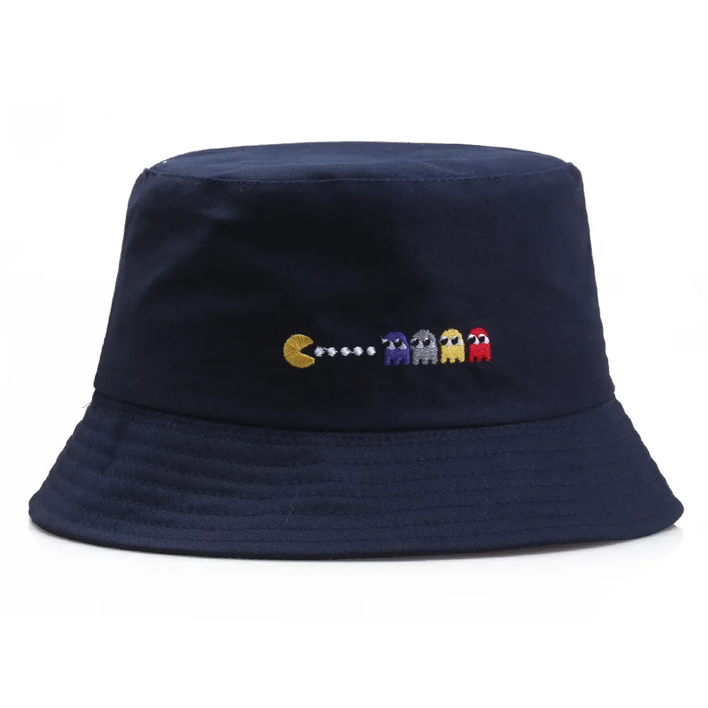 Korean Anime Cartoon Embroidered Basin Hat Eat Peas Fisherman Hat Sun Hat Wholesale Fishing Bucket Hat