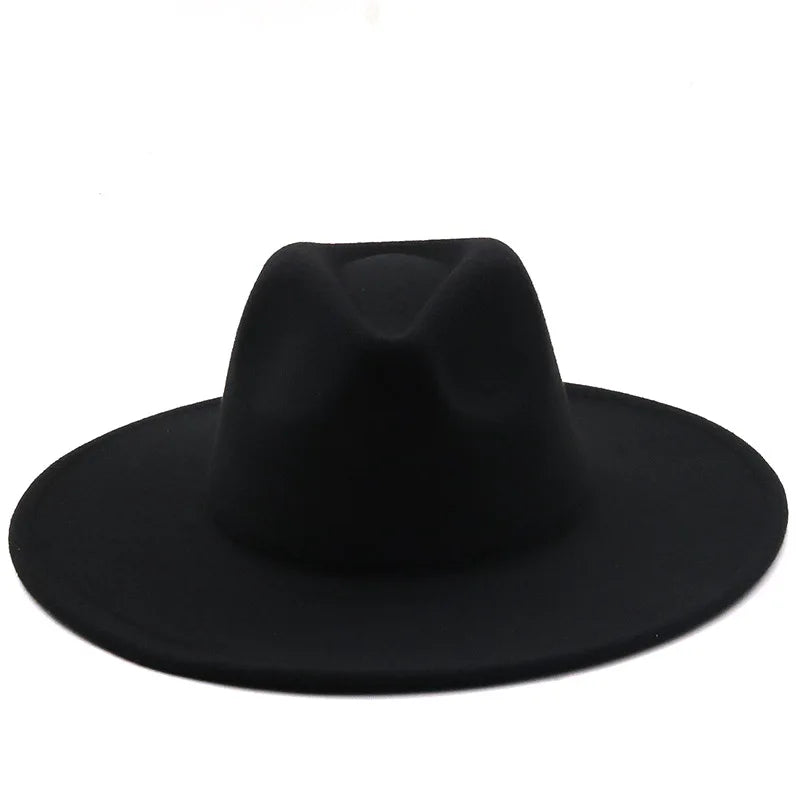 Men Women 9.5cm Flat Big Wide Brim Autumn Winter Wool Felt Fedora