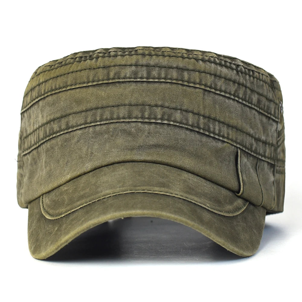 Casual Washed Cotton Flat Top Hat Military Caps Men Women Unique Design Vintage Four Seasons