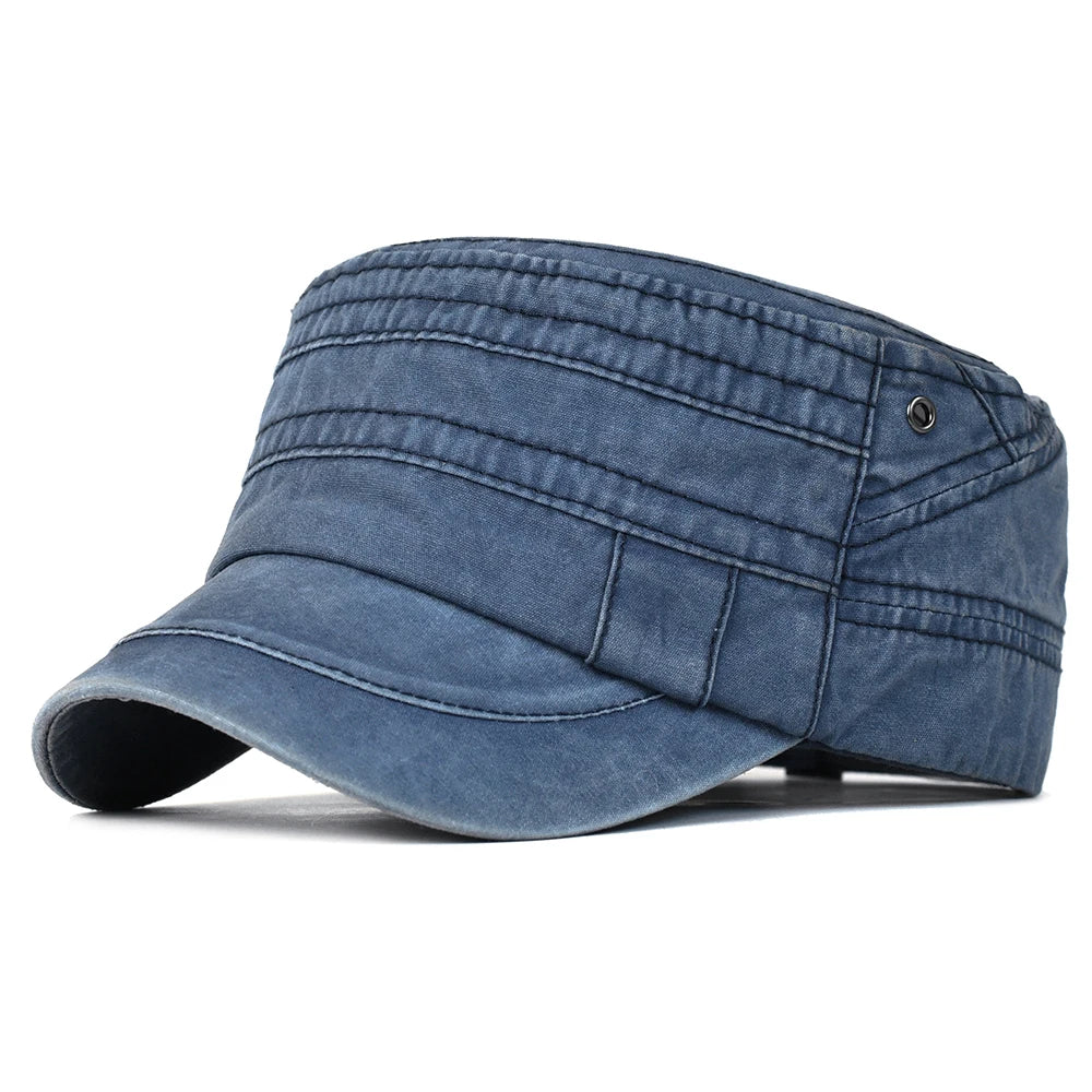Casual Washed Cotton Flat Top Hat Military Caps Men Women Unique Design Vintage Four Seasons