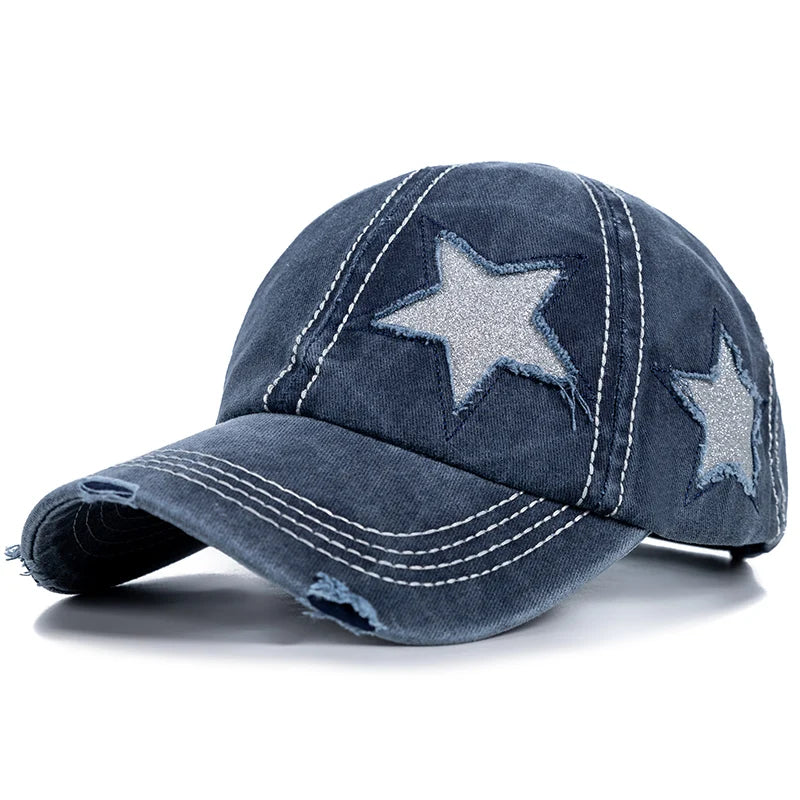 Fashion Women Ponytail Cap Sequins Fitve-Star Hole Design Baseball Cap Female
