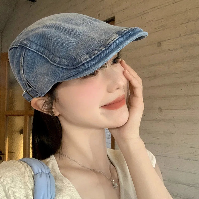 Retro Washed Denim Beret Medium Blue Breathable