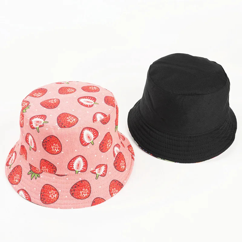 Cotton Strawberry Print Bucket Hat Fisherman Hat Outdoor Travel Hat