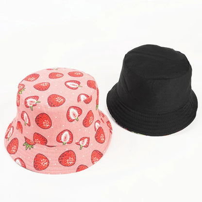 Cotton Strawberry Print Bucket Hat Fisherman Hat Outdoor Travel Hat