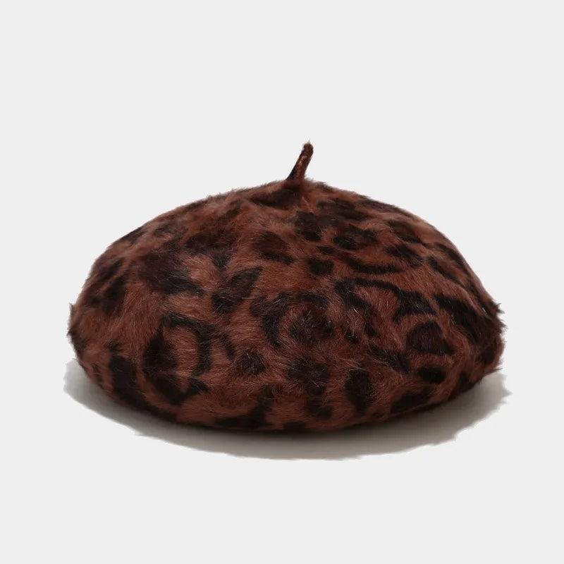 Autumn Winter Leopard Print Warm Rabbit Fur Octagonal Hats For Women