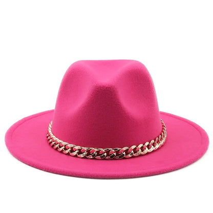 Simole Fedora Hats Women Men Wide Brim Thick Gold Chain Band Felted Hats