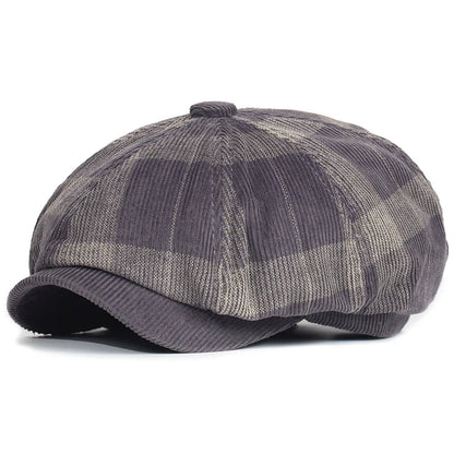 Autumn Winter Plaid Thick Newsboy Hat Corduroy Beret
