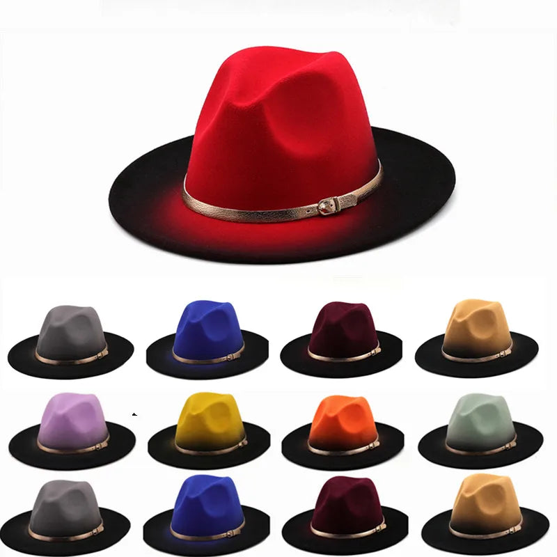 Women Patchwork Wide Brim Gradient Gold Belt Church Derby Top Hat