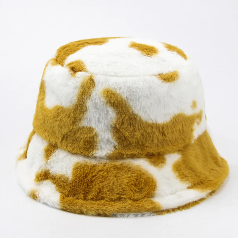 Women Bucket Hat Autumn And Winter Warm Cow Print Plush Fashion