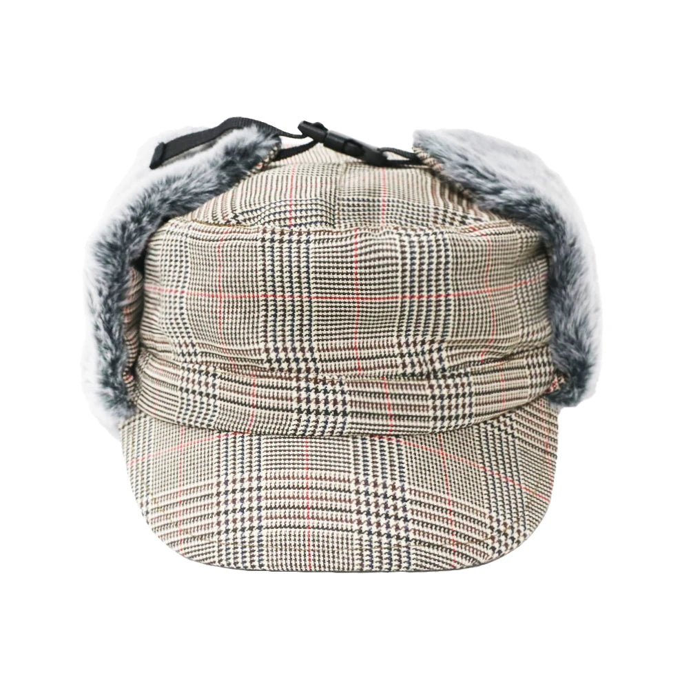 Retro Plaided Winter Trapper Hat Warm Aviator Cap