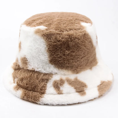 Women Bucket Hat Autumn And Winter Warm Cow Print Plush Fashion