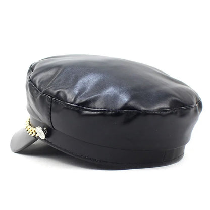 2022 Leather Girl And Women Solid Beret Octagonal Cap