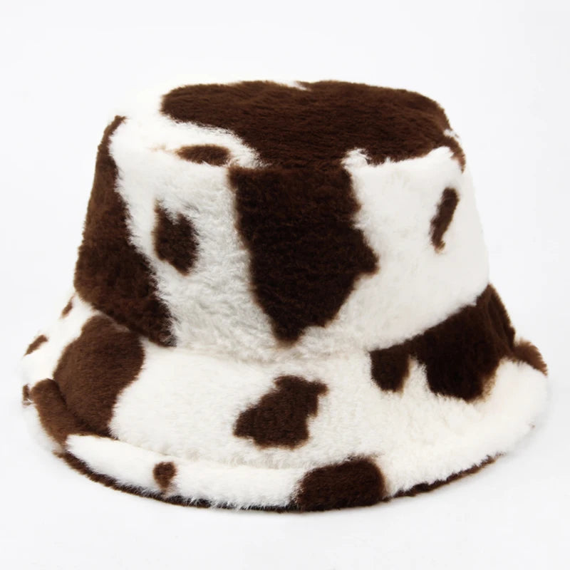 Women Bucket Hat Autumn And Winter Warm Cow Print Plush Fashion