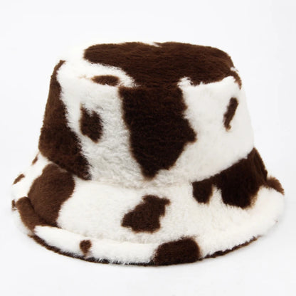 Women Bucket Hat Autumn And Winter Warm Cow Print Plush Fashion