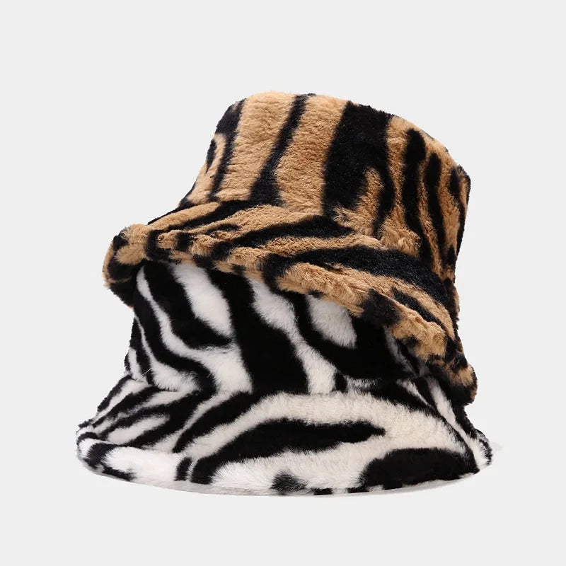 Winter Zebra Pattern Faux Fur Fluffy Bucket Hats Women